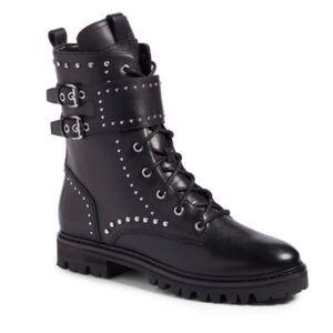 Marc Fisher Women's Black Leather Combat Studded Buckle Boots Moto Grunge Goth